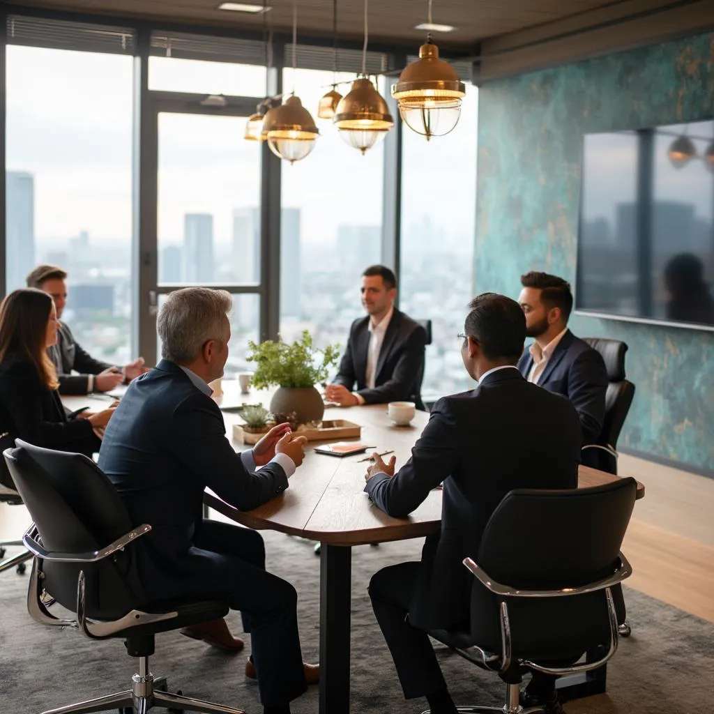 Equipo de consultores financieros en reunión estratégica